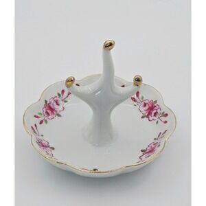 Vintage I.W. Rice Hand Painted Porcelain Ring Holder Pink Rose Gold Trim Japan